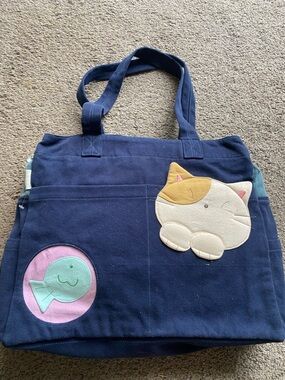Navy Canvas Tote with Cute Cat & Fish Kawaii JAPANESE CATcommute bag work bag
